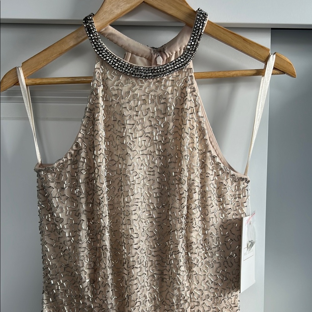 Mac Duggal Beige Embellished Maxi Dress